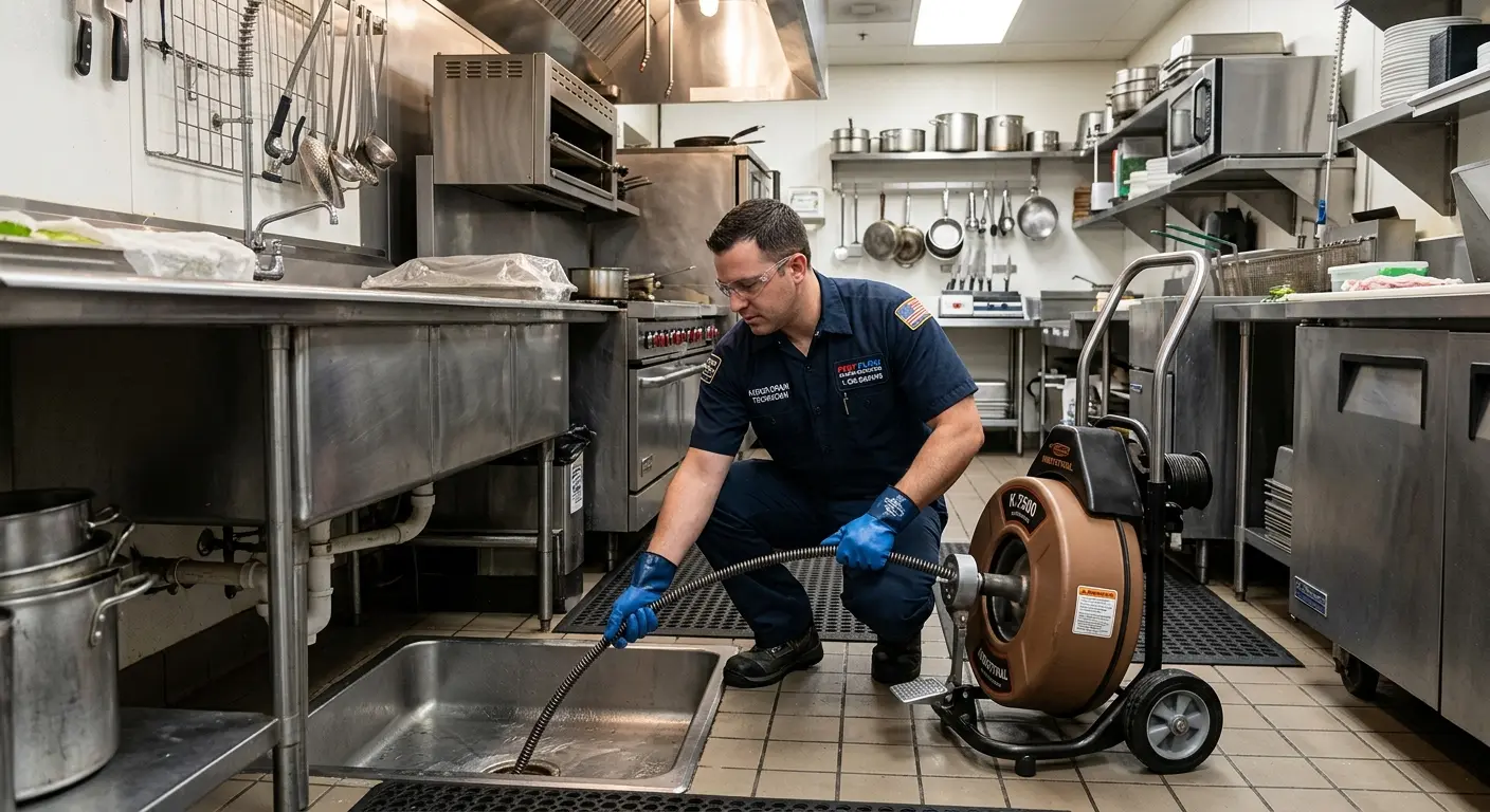 Commercial drain cleaning service in a restaurant kitchen in Zebulon