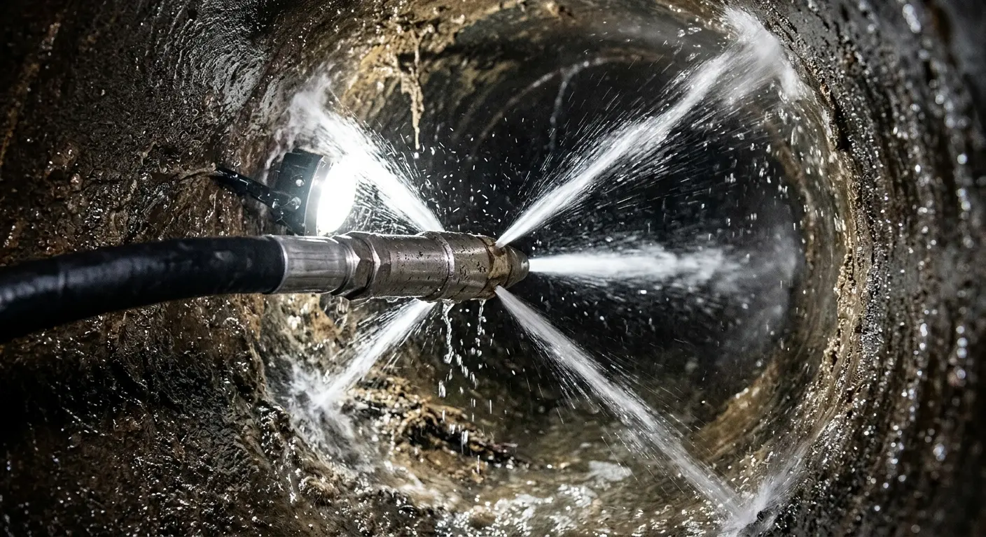 High-pressure hydro jetting nozzle cleaning sewer pipe for Trenchless Sewer Repair in Zebulon