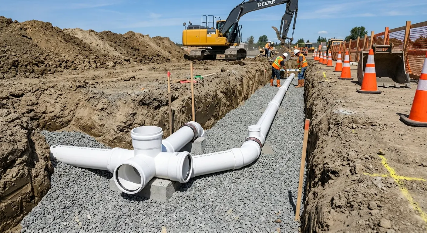 New PVC sewer pipe installation in open trench for Sewer Backup in Zebulon