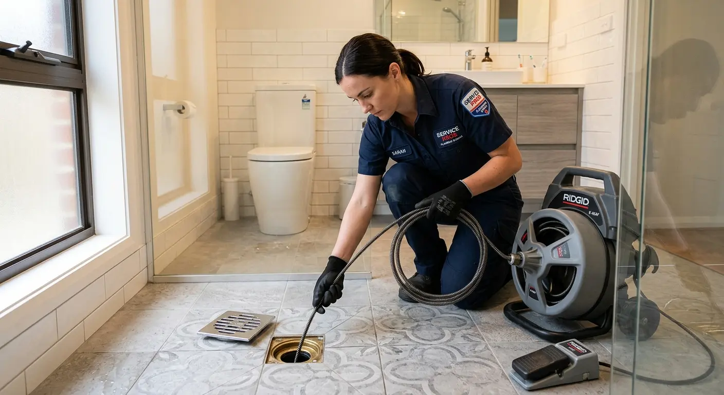 Technician clearing a bathroom floor drain for Hydro Jetting in Zebulon